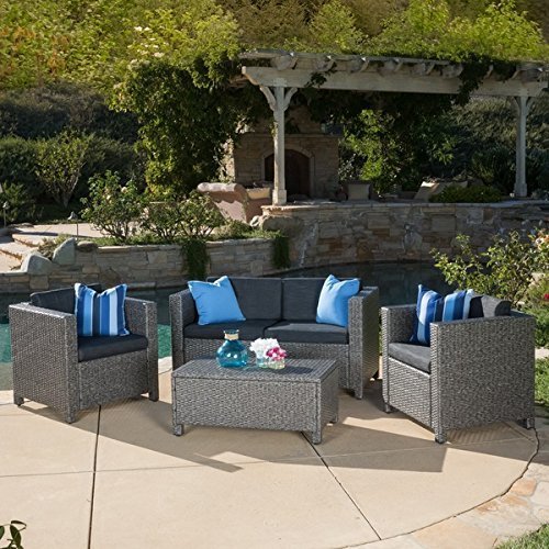 Home Outdoor Puerta 4 Piece Furniture Grey Wicker Steel And Wicker Construction Grey Black Sofa Set with Cushions