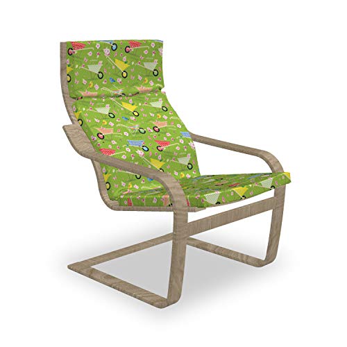 Lunarable Spring Poäng Armchair Slipcover Retro Garden Themed Colorful Wheelbarrows on Polka Dot Background Chair Cushion Replacement with Zipper and Hook Loop Apple Green Multicolor