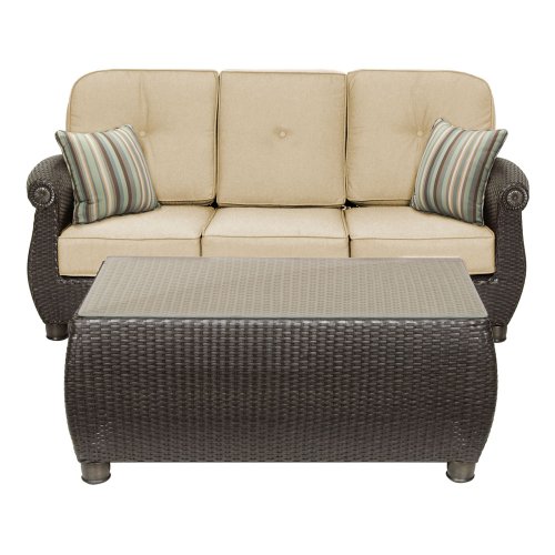 La-z-boy Outdoor Breckenridge Sofa With Pillows And Coffee Table Set, Natural Tan