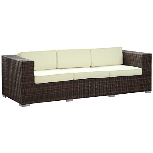 Lexmod Daytona Outdoor Wicker Patio Sofa In Brown With White Pillows