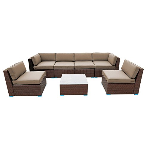 Pretty Living 7 Piece Sectional Sofa Set Outdoor Deck Furniture With Sunbrella Pillows Coffee