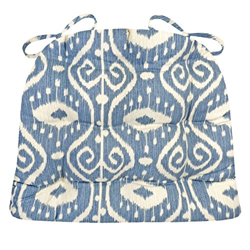 Dining Chair Pad with Ties - Bali Ikat Blue - Standard Size - Reversible Tufted Latex Foam Filled Cushion Blue Standard