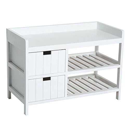 White Hallway Entryway 3-in-1 Design Comfortable Thick Foam Filled Cushion Seat Bench 2 Tiers Shoe Slippers Footwear Rack 2 Pull Out Drawers For Storing Accessories Or Extra Clothes Solid Wooden Legs