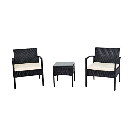 Ebs 3 Piece Rattan Wicker Garden Outdoor Lawn Patio Furniture Coffee Table  Sofa White Cushions Black Pe Set