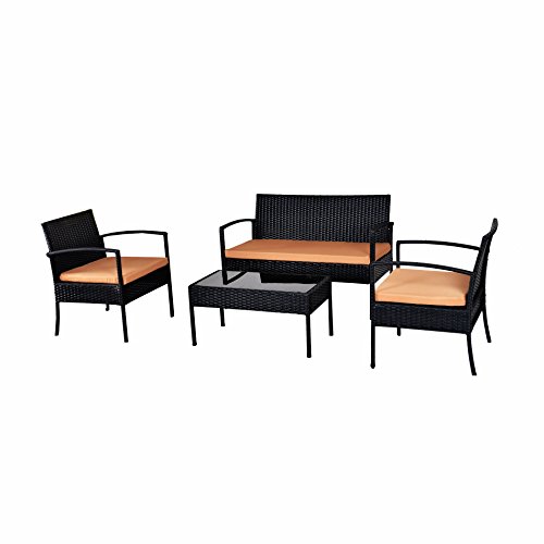 Ebs 4 Piece Outdoorindoor Patio Garden Lawn Furniture Rattan Wicker Glass Coffee Table Cushioned Sofa Set Brown