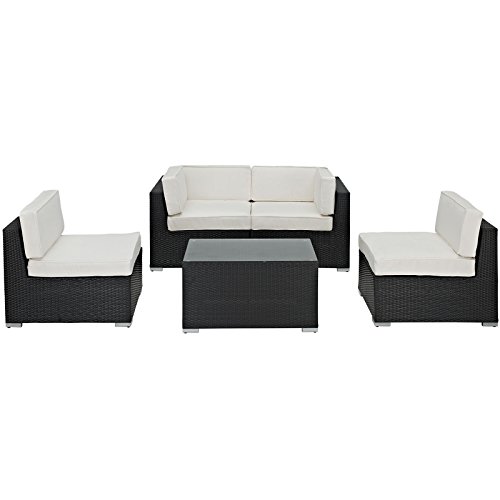 Lexmod Camfora Outdoor Wicker Patio 5 Piece Sofa Set In Espresso With White Cushions