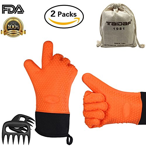 Set of 2 Hot Hands Orange BBQ GlovesTAIDAF 1981 Heat Resistant Barbecue Insulated Silicone Oven MittsLong Sleeve Protective Heated Gloves for GrillSmokingCooking- with 2 x Pork Meat Claws