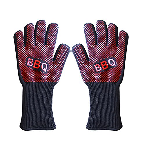 Aprince BBQ Grilling Cooking Gloves Oven Mitts 135 Length One Pair Long 2pcs - Extreme Heat Resistant Kevlar Silicone Insulated Protection - Red