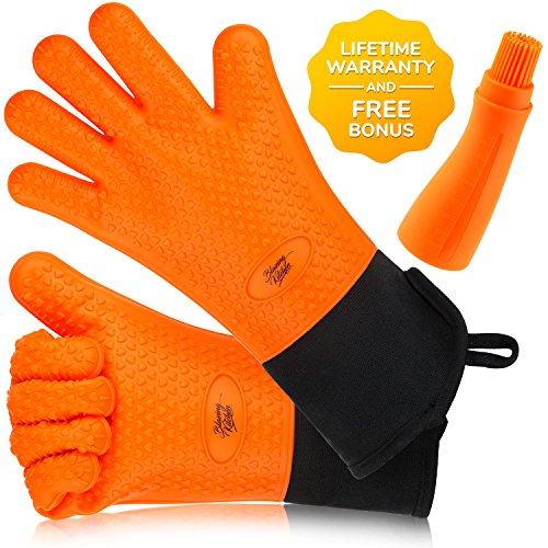 Silicone Cooking Gloves By Blazing Kitchen - Heat Resistant Oven Mitts And Potholder - Extra Long with Internal Cotton Lining - Great for Grilling BBQ Baking And Smoking