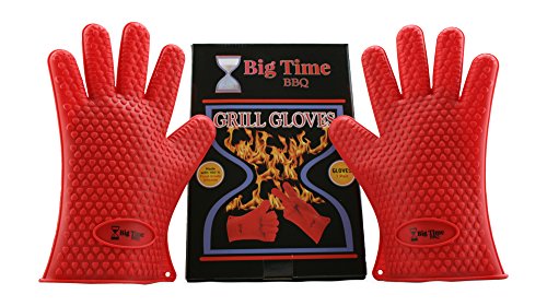 Silicone Heat Resistant Barbecue Grill Gloves By Big Time Bbq - Oven Mitts With Fingers Perfect For Grilling Kitchen