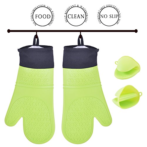 Silicone Oven Mitts CrystalMX 4-Pack Waterproof Extra Long Quilted Cotton Lining Silicone Professional Heat Resistant Oven Mitts Potholder Gloves for Kitchen Barbecue 2 Large 2 Mini Green