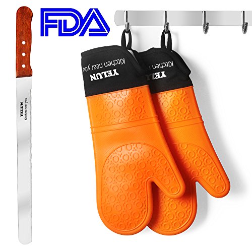 Silicone Oven Mitts - YELUN Extra Long Quilted Cotton Lining - Heat Resistant Cooking Kitchen Pot Holders and Oven Mitts - Insulated Waterproof - Orange - Set of 2