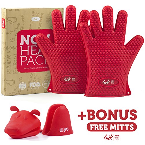 2 Silicone Heat Resistant Gloves  2 Mini Mitts for Cooking Grill BBQ  Baking Smoking Potholder - 4rk Non Heat Pack - FDA Approved and BPA Free