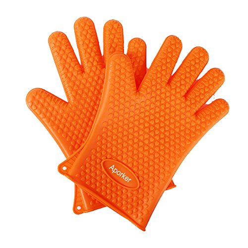 BBQ Gloves -AporkerTM - BBQ Grilling Gloves Most Versatile Oven Mitts Hot Pads - Waterproof Total Finger Hand Wrist Protection Heat Resistant Silicone Gloves