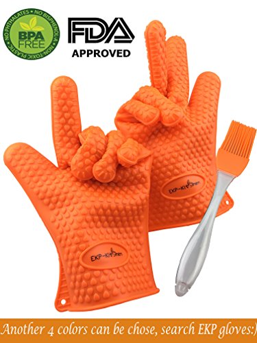 BBQ Grilling Gloves Heat Resistant Silicone Oven Mitts Barbecue Baking Gloves Non Slip Barbeque Cooking Brush for Pot holder Baking and Grilling ProtectiveOrange