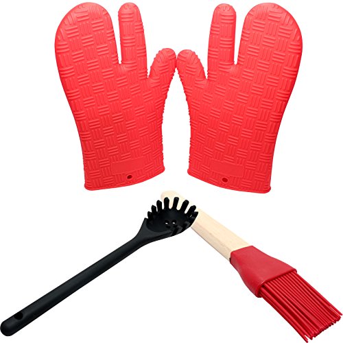 Silicone Cooking Utensils For Nonstick Cookware - Silicone Mitts Silicone Food Brush Silicone Pasta Fork - Protective Oven Grill BBQ Fireplace Microwave Baking Smoking and Cooking Gloves