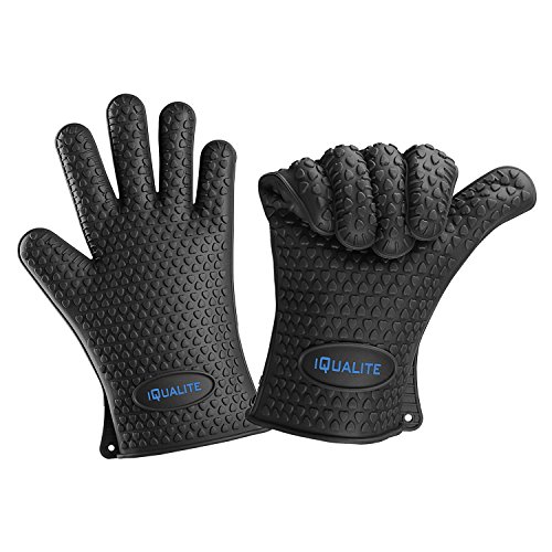 Silicone Oven Mitts - IQUALITE BBQ Grill Heat Resistant Kitchen Oven Glove Potholder - 1 Pair Black