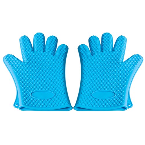 BESTOMZ Heat Resistant Gloves Silicone Oven Mitt with Cotton Protection for Grilling Cooking Baking Blue