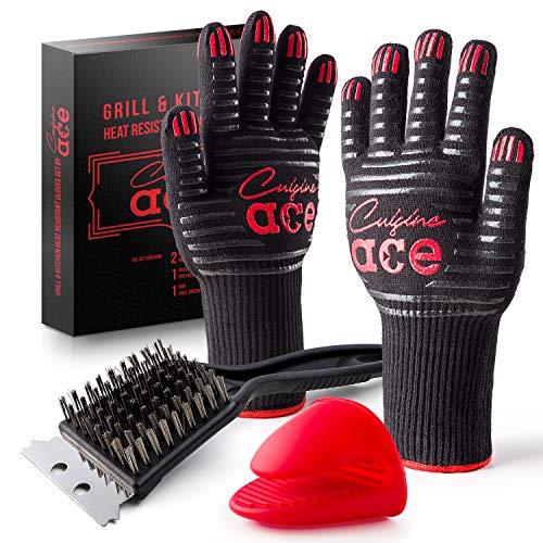Cuisine Ace Extreme Heat Resistant GrillBBQ Gloves 932℉  Premium Insulated Heat Proof Gloves  Silicone Potholder Oven Mitt  Grill Brush  IndoorOutdoor Kitchen Accessories Set for Men Women