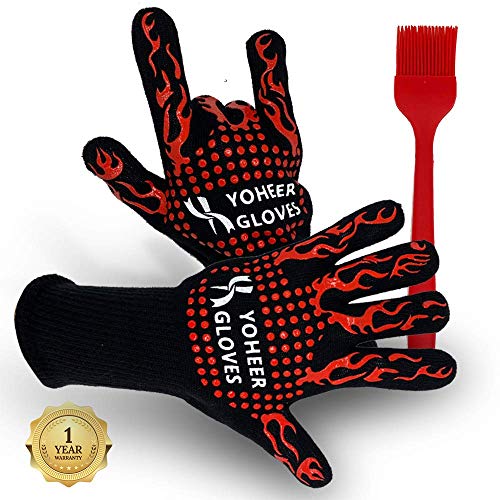 ENTIRE BBQ Grill Gloves Extreme Heat Resistant Insulated Fireproof Oven Mitts Made of Aramid and Silicone for Cooking Grilling Baking Barbecue and More Cut Proof - Bonus Silicone Basting Brush