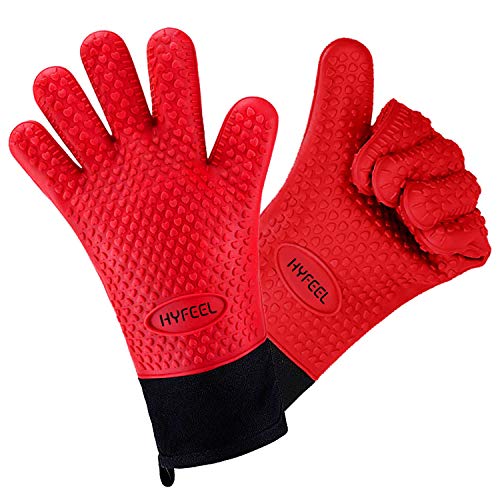 HYFEEL Oven Mitts Long Silicone Heat Resistant BBQ Grilling Gloves Lined with Fingers for Frying Baking Barbeque Cooking Smoker Red Kitchen Accessories 1Pair