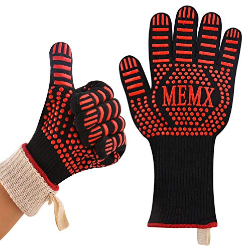 MEMX Oven Gloves Barbecue Gloves 1472°F Heat Resistant Grill Gloves Extreme Kitchen Cooking Oven Mitts Finger Flexibility 13 Extra Large Long Cuff EN407 Certified Gloves Aramid Silicone Non-Slip