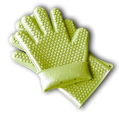 VideoPUP 1 Pair Oven Mitts Cooking Baking Gloves BBQ Oven Gloves Heat Resistant Silicone nsulated Mitts 5-Finger Waterproof Hand Wrist Protection Grilling Cooking Baking Green