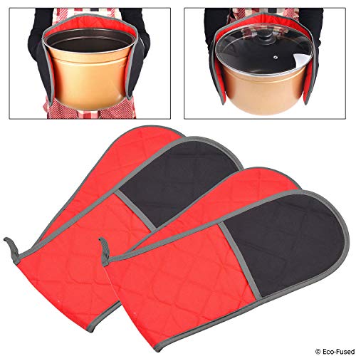 Double Oven Mitts - Set of 2 - Wrap and Grab Design - Protects your Hands Arms and Torso - Red and Black Quilted Cotton Lining with Taupe Piping - Hanging Loop - Also Works as Utensil Pouch or Trivet