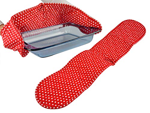 Home-X Red Polk Dot Double Oven Mitt for Cooking and Serving Heat Resistant Extra Long Potholder Oven Gloves to Protect Hands and Arms Machine Washable -32L