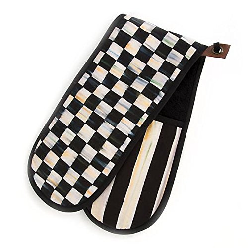 MacKenzie-Childs Cotton Kitchen Pan Holders - Bistro Double Oven Mitt - Black and White Courtly Check Rectangular Pot Holders - 6 Wide 29 Long
