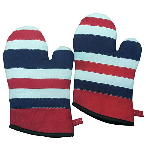 Blue&Red Heat Resistant Patchwork Micro-Oven GlovesCanvas Mitts 2-Pack