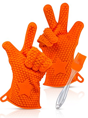 KITCHENEED Barbecue Grilling Cooking Gloves - Heat Resistant Silicone BBQ Accessories - Waterproof Grill Kitchen Tools for Men Women -Double as Pot Holders Oven Mitts -w Bonus Basting Brush