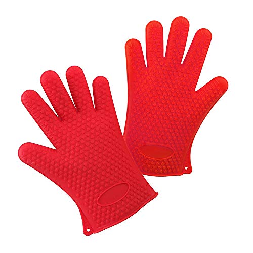 Unilive 1 Pair Heat Resistant Silicone Oven Gloves - Oven Mitts Microwave Gloves Waterproof Non-Slip for Indoor Outdoor Cooking Baking Barbecuing Camping Serving Red