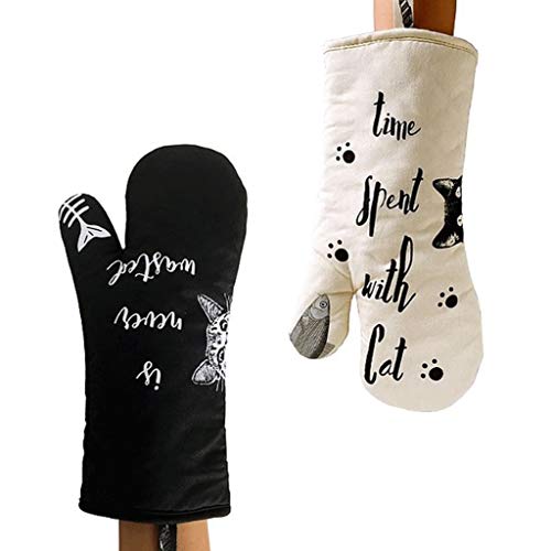 yaya Lovely Cat Cotton Oven Glove Heatproof Mitten Cotton Kitchen Cooking Microwave Oven Mitt Insulated Non-Slip Glove Thickening Color  Black White