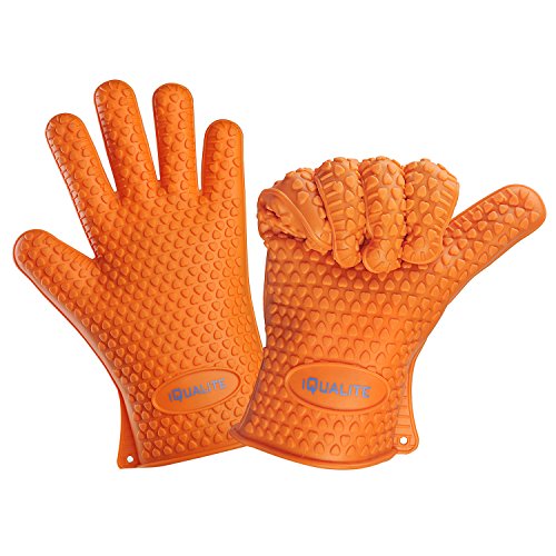 Silicone Oven Mitts - IQUALITE BBQ Grill Heat Resistant Kitchen Oven Glove Potholder - 1 Pair  Orange 
