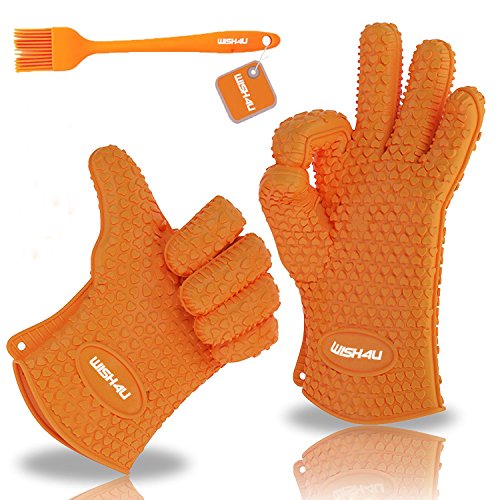 WISH4U Silicone BBQ Gloves Most Versatile Oven Mitts Hot Pads  Set of 2 Heat Resistant Grilling Gloves with Silicone Basting Pastry BBQ Brushes free for Cooking Baking Smoking Potholder