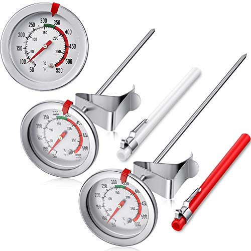 2 Pieces Stainless Steel Thermometer Instant Read 2 Inch Dial Thermometer 78 and 118 Inch Long Stem Fry Thermometer with Metal Retaining Clip and 2 Pieces Plastic Sleeves for Turkey BBQ Grill