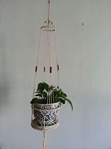 4 Legs Macrame Cotton Plant Hanger Holders with Bamboo Ring Inside and Brown Wood Bead Decoration for Plant Pot  Natural Color 31-inches Length