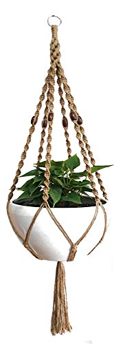 6 Legs Macrame Natural Jute and Cotton Plant Hanger Holder and Metal Ring 51-inches Length Without the white pot and Plant Jute