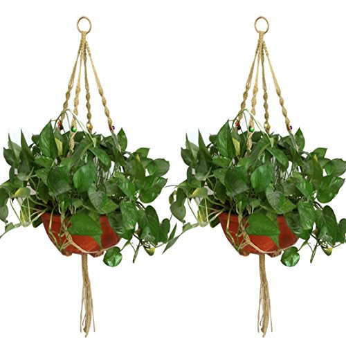 Jmkcoz 2 Pack Plant Hanger Macrame Jute Plant Pot Hanger Plant Holder With 4 Legs 42 Inches For Indoor Outdoor