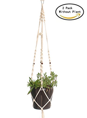 White Cotton Rope 4 Legs Plant Hanger with Beads 433 Inch Pack of 2 Heavy Duty Patio Balcony Deck Ceiling For Round And Square Containers Pots Indoor Outdoor Decorative Plants Hanging Basket