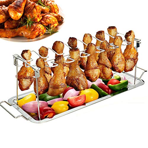 DaoAG Chicken Leg Wing Rack 14 Slots Stainless Steel Roaster Stand with Drip Tray Barbecue Roaster Stand Tray with Drip Pan BBQ Accessories