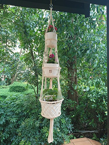 3 Plates of 4 Legs Macrame Cotton Plant Hanger Plant Holder with Bamboo Ring Inside Natural Beige Color with brown wood bead decoration  59-inches Length Without the Pot and Plant