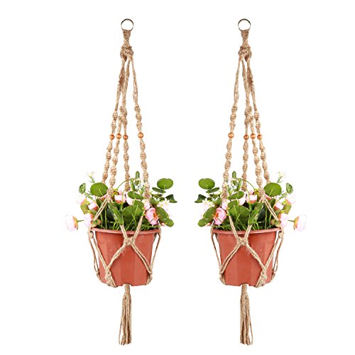 Accmor Plant Hanger 4 Legs 33ft With Beads And Silver Ring - Strong Handmade Jute Indoor Outdoor Patio Deck Ceiling