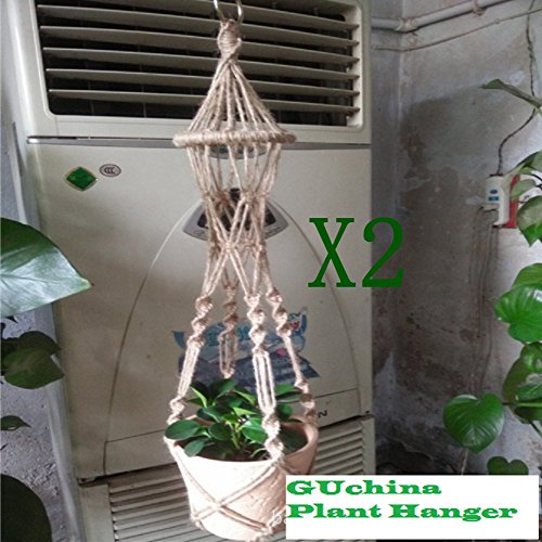 GUchina Macrame Jute 4 Legs Plant Hanger 315 Inch Pack of 2 Heavy Duty Patio Balcony Deck Ceiling For Round And Square Containers Pots Indoor Outdoor Decorative Plants Hanging BasketMS05 linen