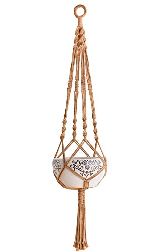 Mkono Colorful Macrame Plant Hanger Indoor Outdoor Hanging Planter Basket Cotton Rope 4 Legs 40 Inch--Brown