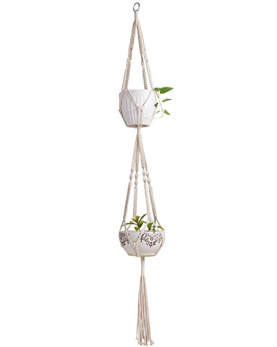 Mkono Macrame Double Plant Hanger Indoor Outdoor Hanging Planter Cotton Rope 4 Legs 67 Inch