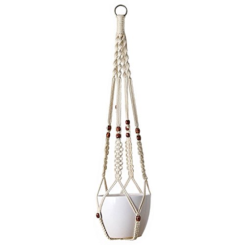 Mkono Macrame Plant Hanger Indoor Outdoor Hanging Planter Basket Cotton Rope With Beads 4 Legs 35 Inch