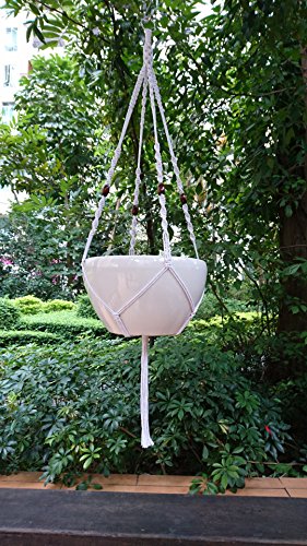 Plant Hanger Macrame Cotton 4 Legs 51 Inches For Indoor Outdoor Living Room Kitchen Deck Patio High and Low Ceiling and Fits Round Square Pots with size of 10-12 inches WITHOUT THE POT
