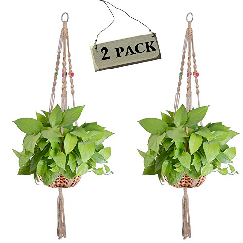 Zealor 2 Pack Plant Hanger Macrame Jute 4 Legs 40 Inches Plant Holder With Colored Beads For Indoor Outdoor Balcony